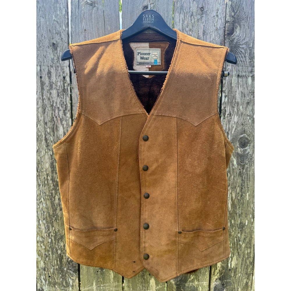 Vtg Pioneer Wear Vest Mens 40 Brown Suede Leather Western Sherpa Lined 70s Snap‎